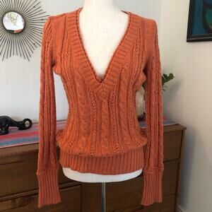VTG Y2K Maurice’s Chunky Cable Knit Sweater Burnt Orange Deep V Neck Long Sleeve